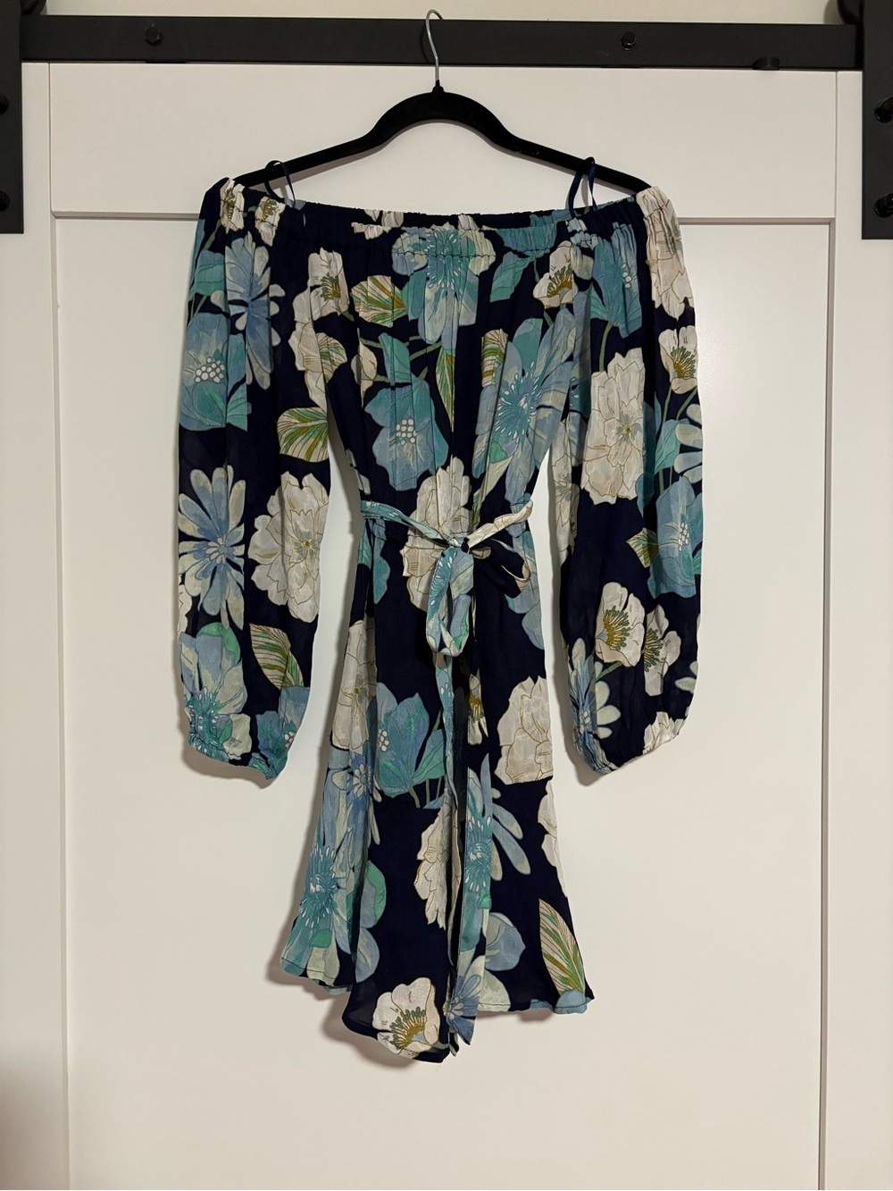 LOFT Navy Floral Off-the-Shoulder Long Sleeve Tie-Waist Dress Petite